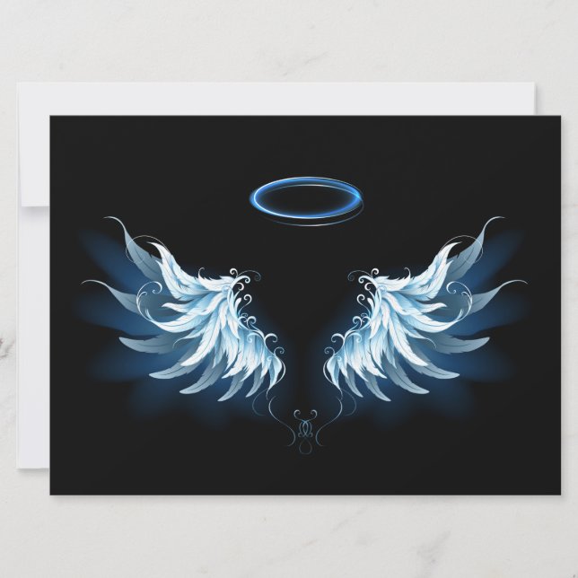 Blå glowing Angel Vingar på svart bakgrund Spara Datumet (Framsida)