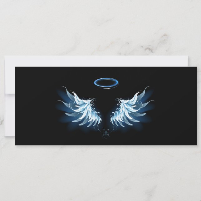 Blå glowing Angel Vingar på svart bakgrund Spara Datumet (Framsida)