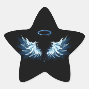 Blå glowing Angel Vingar på svart bakgrund Stjärnformat Klistermärke