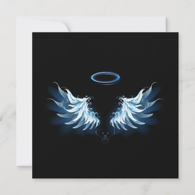 Blå glowing Angel Vingar på svart bakgrund Tack Kort (Framsida)