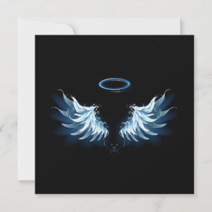 Blå glowing Angel Vingar på svart bakgrund Tack Kort