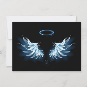 Blå glowing Angel Vingar på svart bakgrund Tack Kort