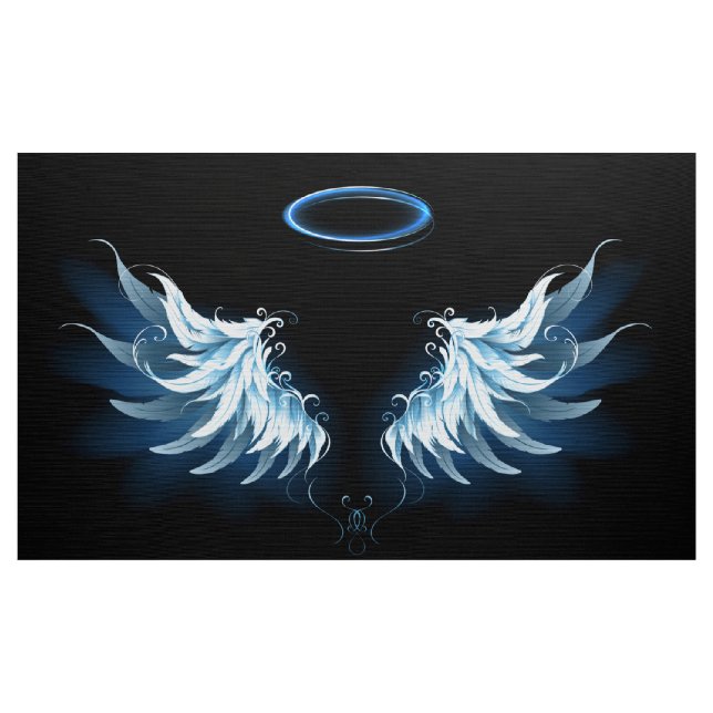 Blå glowing Angel Vingar på svart bakgrund Tyg (Yard)