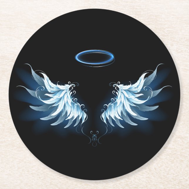Blå glowing Angel Vingar på svart bakgrund Underlägg Papper Rund (Framsidan)