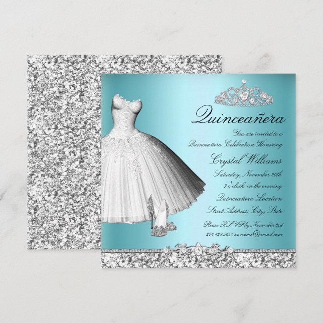 Blå Gnistra Glitter Dress & Heels Quinceanera Inbjudningar (Fram/baksida)