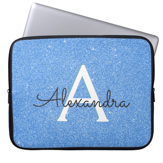 Blå Gnistra och Glitter Monogram Laptop Fodral (Framsidan)