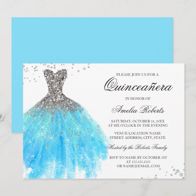 Blå gnistrande klänning Quinceanera-inbjudan Inbjudningar (Fram/baksida)