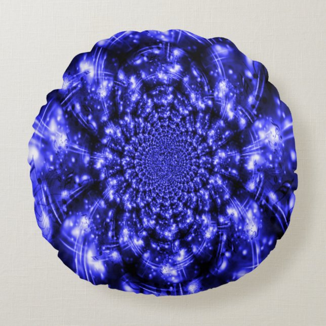 Blå Gnistrande Ljus Rund Kudde (Framsidan)