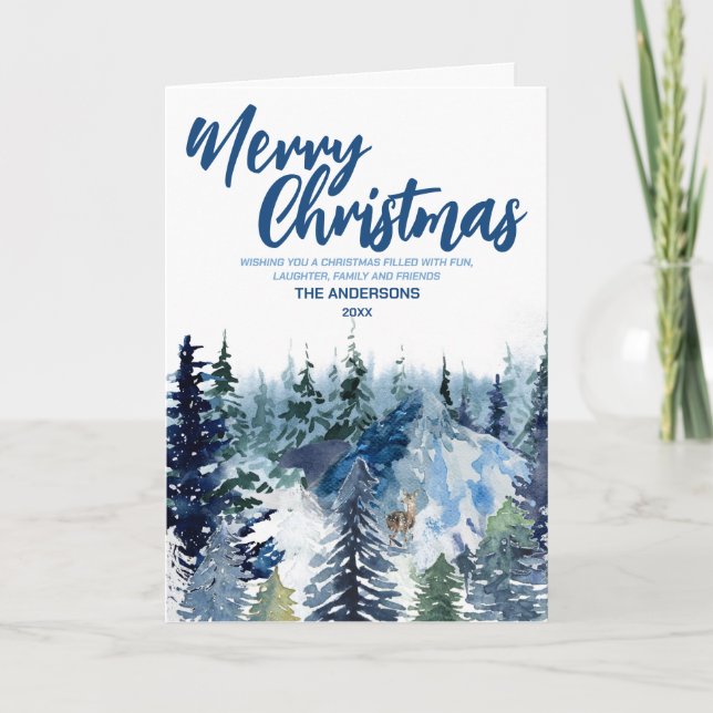 Blå God Jul gran skog Modern ren Jul Kort (Framsida)