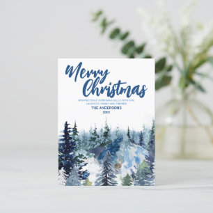 Blå God Jul granar skog Ren Jul Helg Vykort