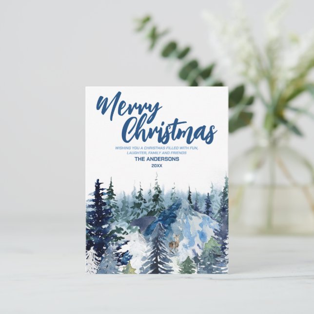 Blå God Jul granar skog Ren Jul Helg Vykort (Stående Fram)