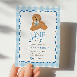 Blå Goldendoodle Hund Gyllene År Första Födelsedag Inbjudningar