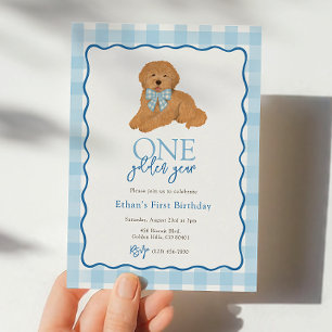 Blå Goldendoodle Hund Gyllene År Första Födelsedag Inbjudningar