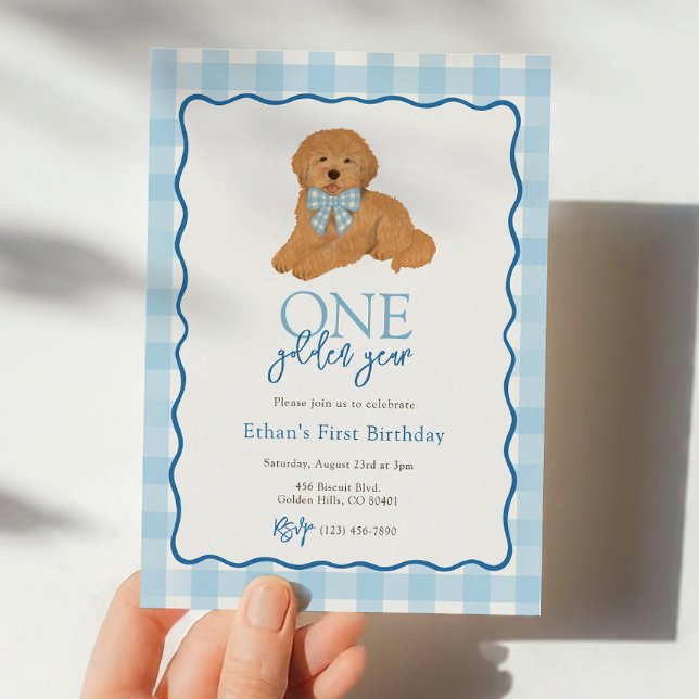 Blå Goldendoodle Hund Gyllene År Första Födelsedag Inbjudningar (Skapare uppladdad)