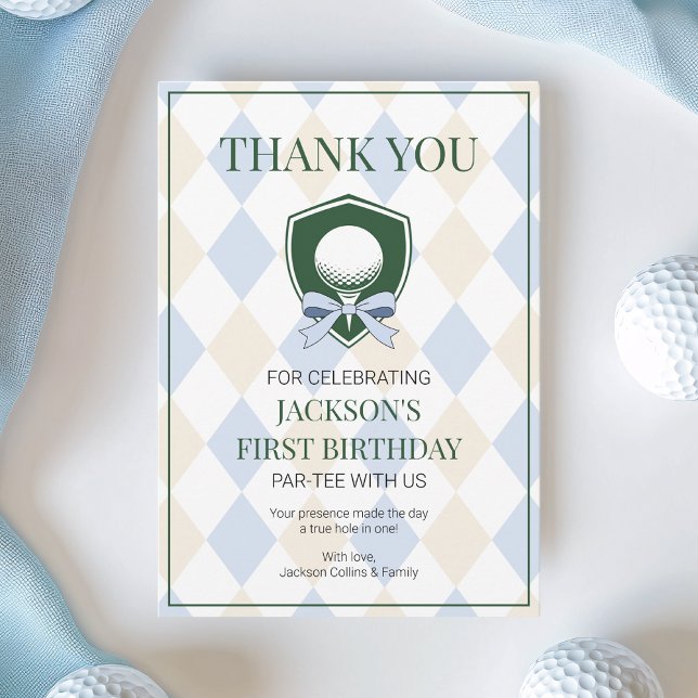 Blå Golf Modern Hål-i-ett Pojkar 1-års Födelsedag Tack Kort (Blue Golf Modern Hole In One Boys 1st Birthday Thank You Card)