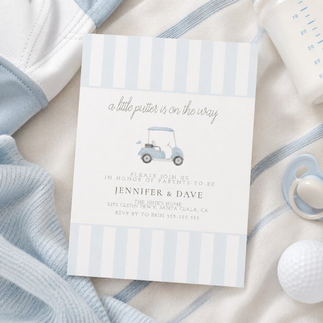 Blå golfvagn liten putter på väg  inbjudningar (Skapare uppladdad)