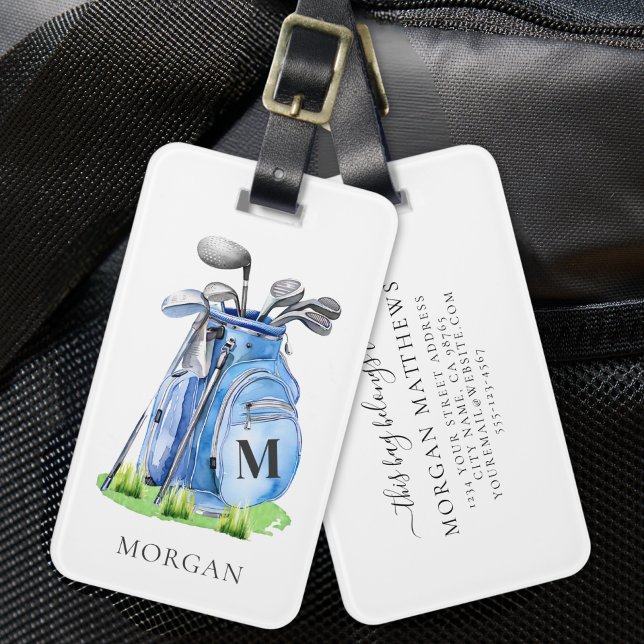 Blå golfväska monogram bagagebricka (Blue Golf Bag Monogram Luggage Tag)