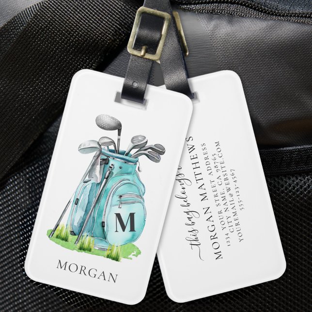Blå golfväska monogram bagagebricka (Blue Golf Bag Monogram Luggage Tag)