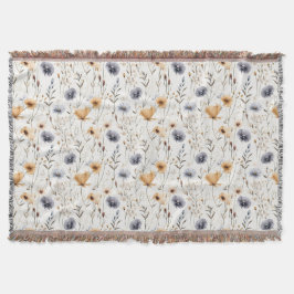 Blå Grå Beige Brun Vit Boho Blommor Botanisk Filt