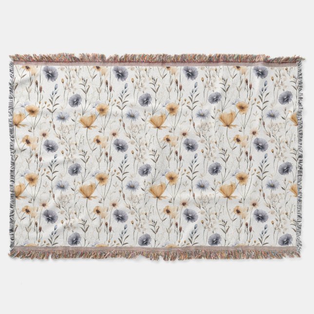 Blå Grå Beige Brun Vit Boho Blommor Botanisk Filt (Framsidan)