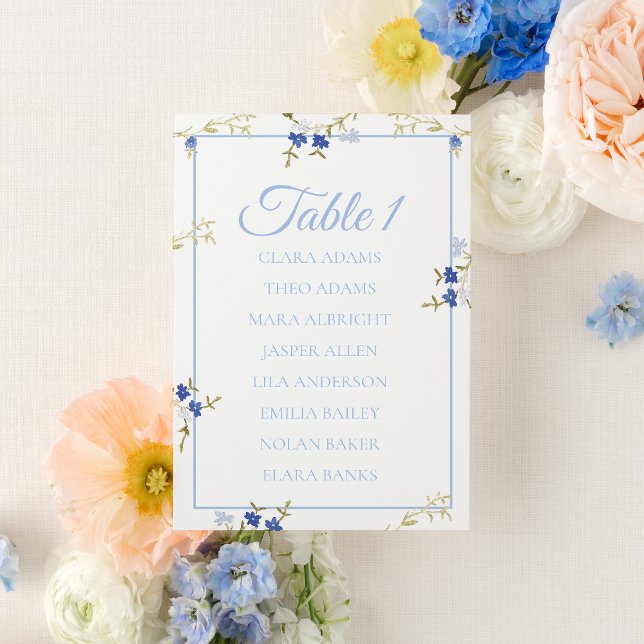 Blå & Grå Blommig Bröllopsställningskortsedel Bordsnummer (Skapare uppladdad)