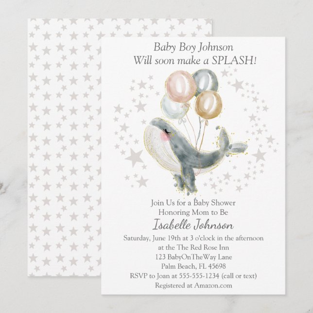 Blå Grå Guld Akvarell Söt Val Babyshower Inbjudningar (Fram/baksida)