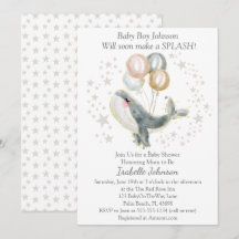 Blå Grå Guld Akvarell Söt Val Babyshower