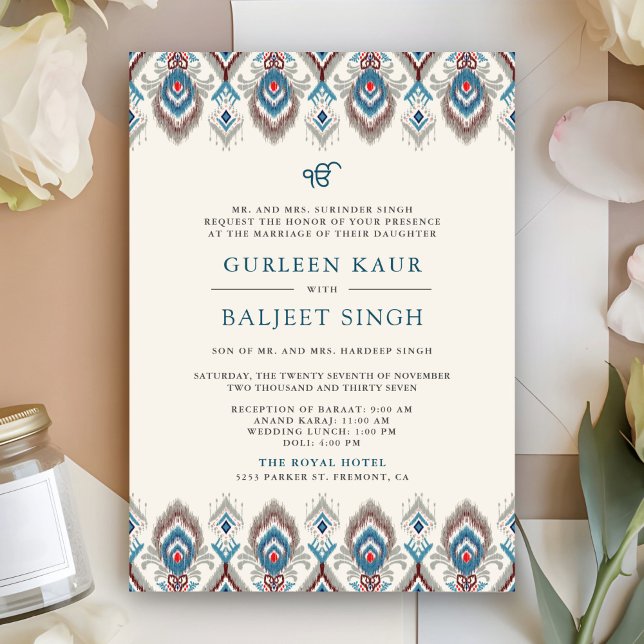 Blå Grå Ikat Anand Karaj Sikh Bröllop Inbjudningar (Front)