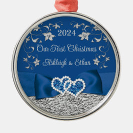 Blå, grå kärlekshjärta bröllop 1:a julen julgransprydnad metall