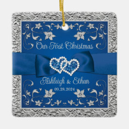 Blå, Grå Kärlekshjärtan Bröllop 1:a julen Julgransprydnad Keramik