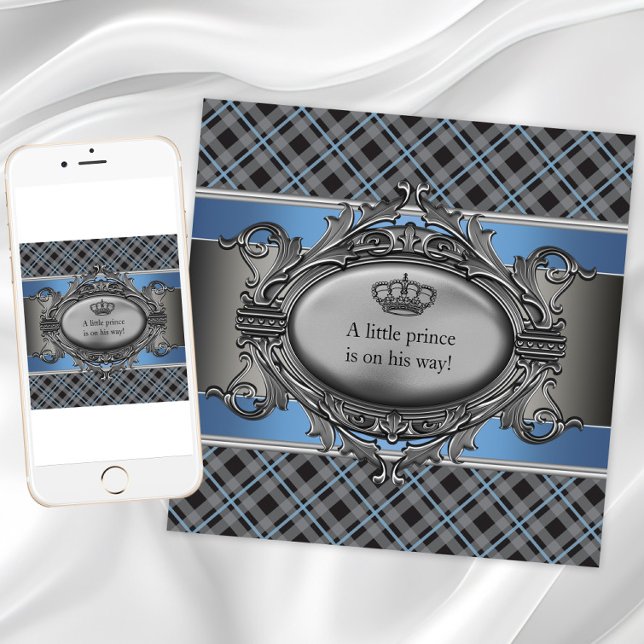 Blå Grå Karoad Babyshower  Inbjudningar (Blue and gray plaid baby shower invitation. Add your text to the front and back.)