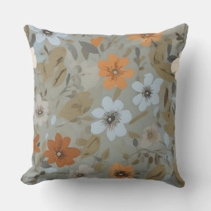 Blå Grå Orange Brun Modern Blomma Kudde