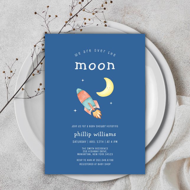 Blå Grå Över Månen Raket Baby Shower Inbjudningar (Blue Grey Over The Moon Rocket Baby Shower Invitation)