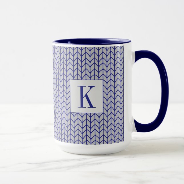 BLÅ GRÅ STICKAD Hög Navy Combo Mugg + Initial (Höger)