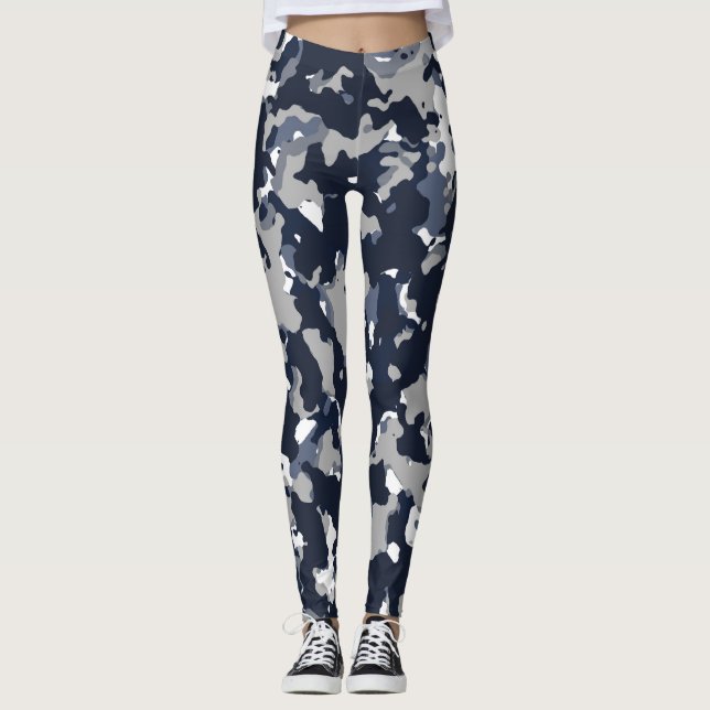 Blå Grå Vit Kamouflage Kamouflage Mönster Leggings (Framsida)