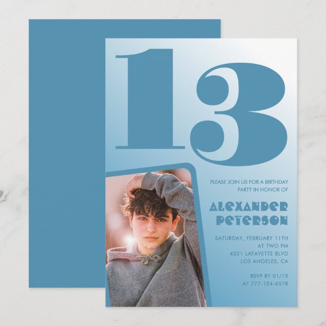 Blå gradient 13-års födelsedagsinbjudningar Pojke  Inbjudningar (Fram/baksida)