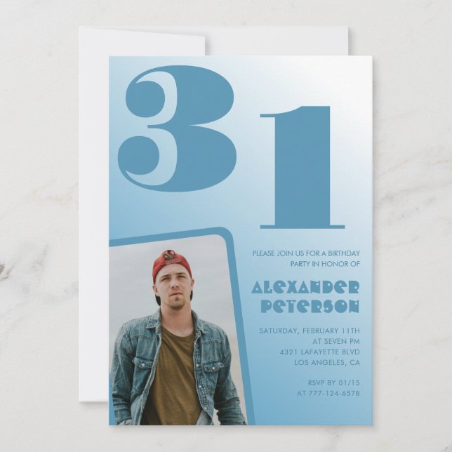 Blå gradient 31-års födelsedagsinbjudan Pojke Foto Inbjudningar (Framsida)