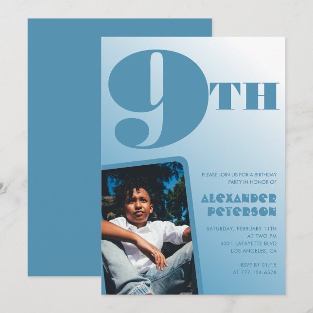 Blå Gradient 9-års födelsedagsinbjudningar Foto Inbjudningar (Fram/baksida)