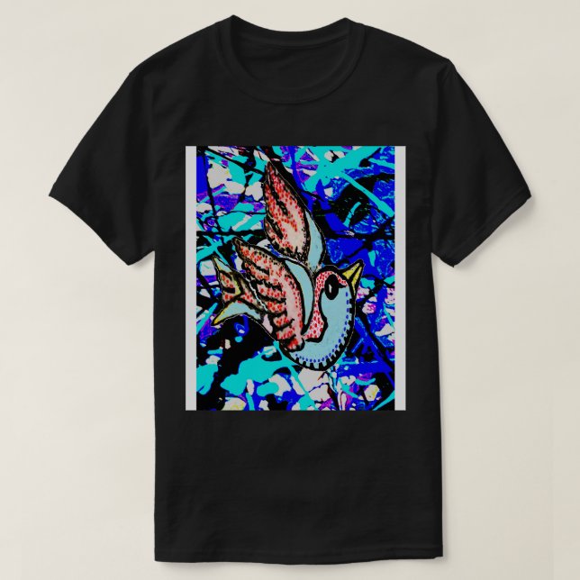 blå graffiti-fågel t shirt (Design framsida)