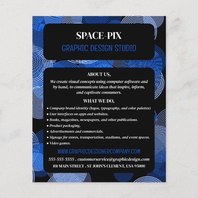 Blå grafikcirklar, reklam för grafikdesigner flygblad (Framsidan)