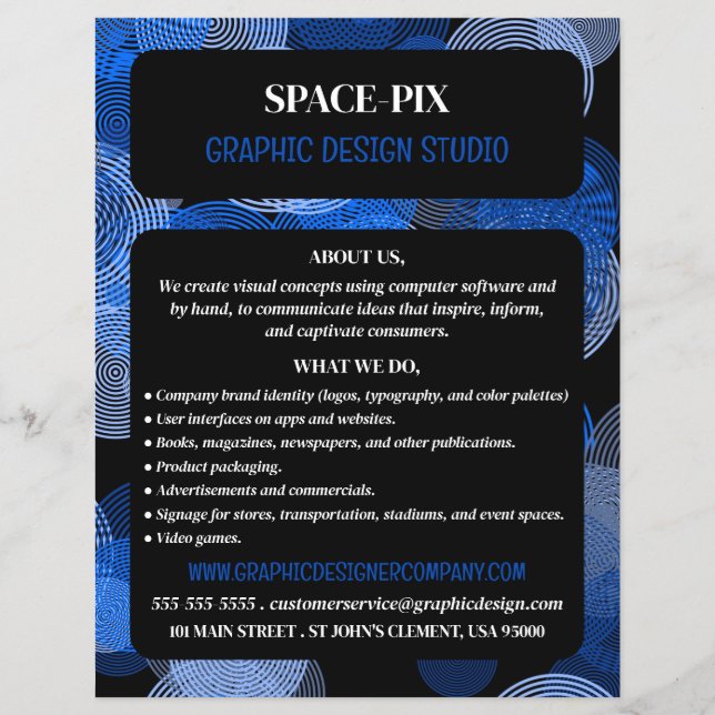 Blå grafikcirklar, reklam för grafikdesigner reklamblad (Framsidan)