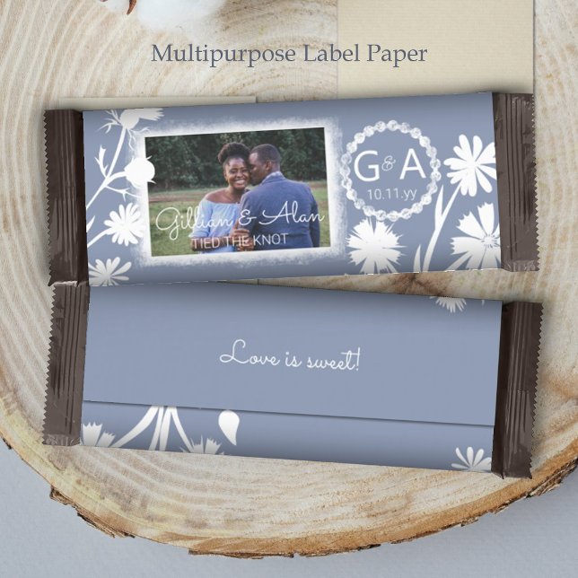Blå Grått Bröllop budget Foto Candy Pub Wrapper (blue white floral wedding personalized chocolate candy bar wrapper label paper custom party favor)