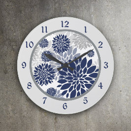 Blå Grått Flower Graphic Stor Klocka