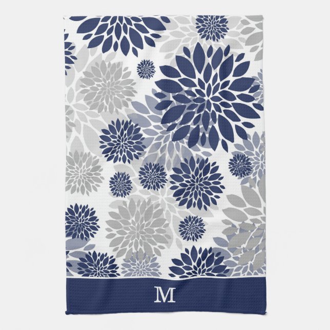 Blå Grått Flower Mönster Monogram Kökshandduk (Vertikal)