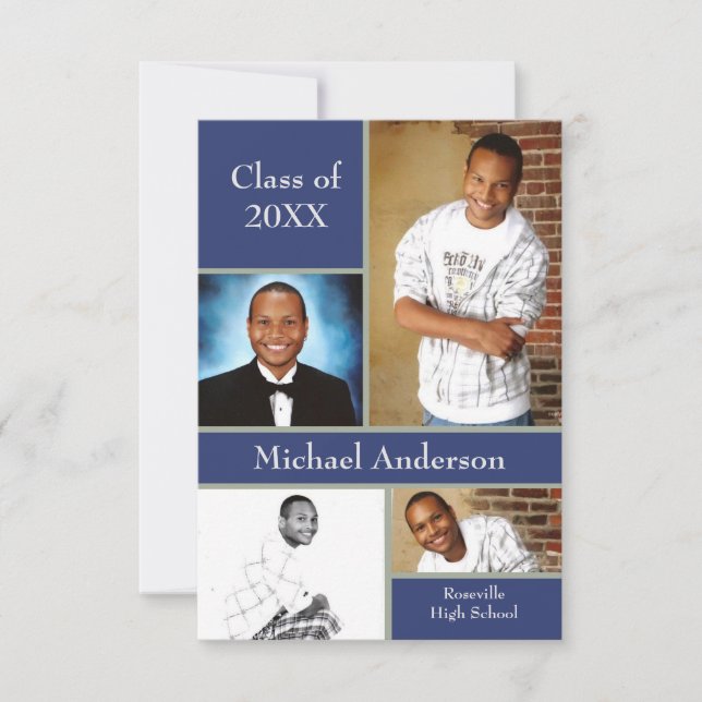 Blå/Grått-kollage - Meddelande om 3 x 5 Studenten Inbjudningar (Framsida)