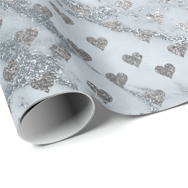 Blå Grått Silver Marble Stone Hearts Confetti Presentpapper (Rullad Hörn)