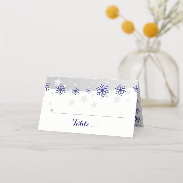 Blå, grått snowflake vinterbröllop med eskort placeringskort (Framsida)