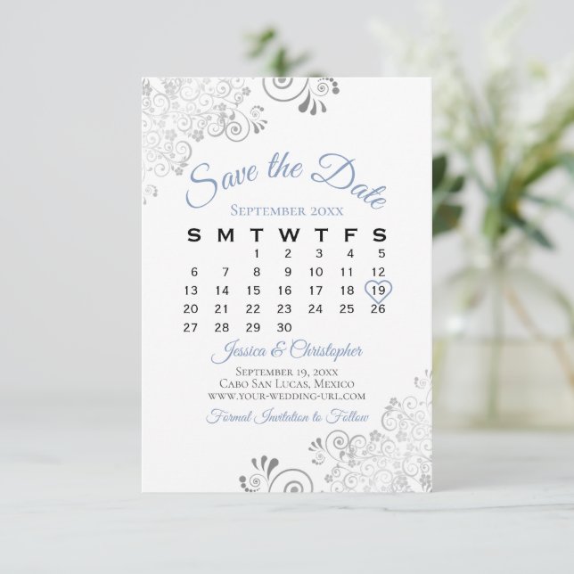 Blå Grått & vit enkel Elegant bröllop-kalender Spara Datumet (Stående Fram)