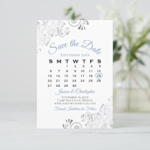 Blå Grått & vit enkel Elegant bröllop-kalender Spara Datumet
