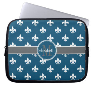Blå Grått White Fleur de Lis Monogram Laptop Sleeve